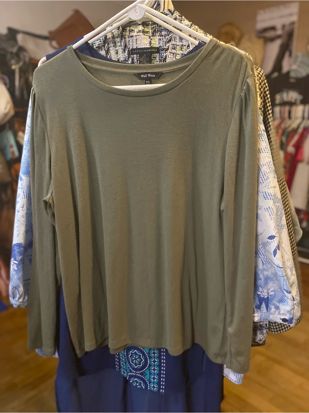Well Worn Olive Green Long Sleeve Crewneck Top - Picture 1 of 3